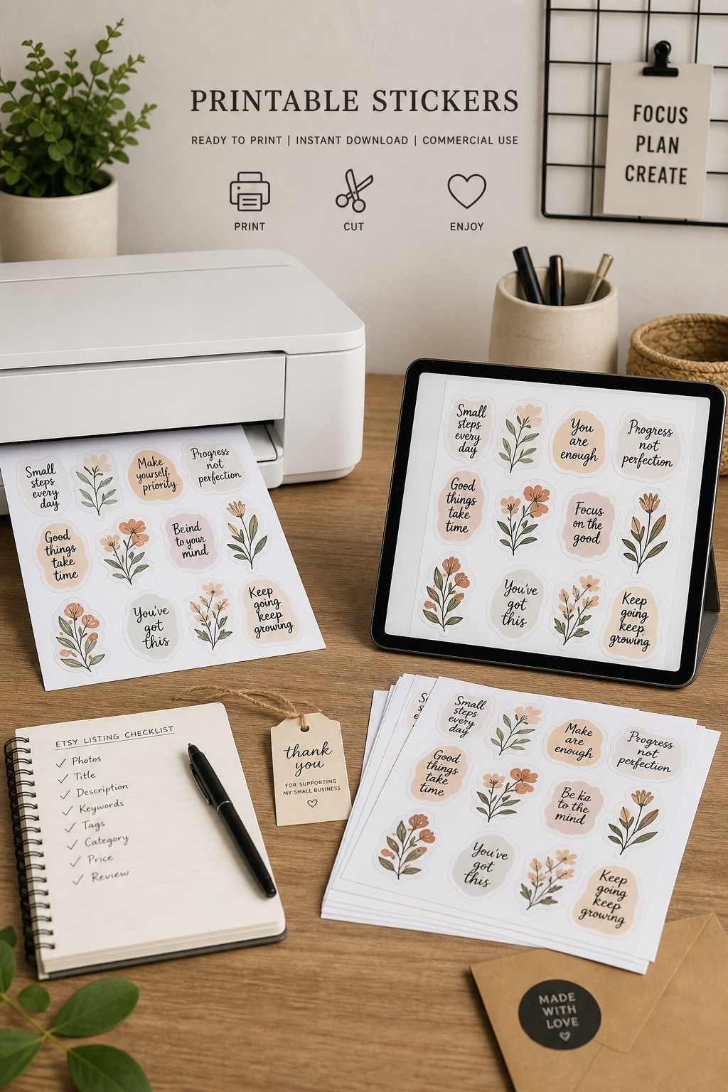 Professional workspace showing printable stickers ready for Etsy listing