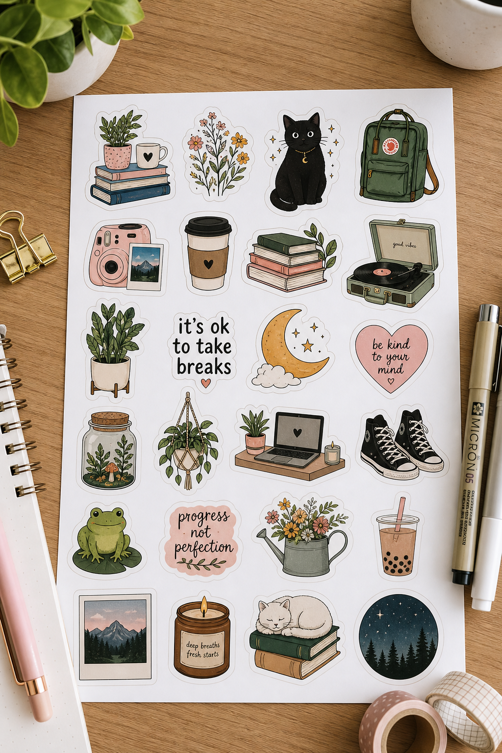Printable sticker sheet with clean high-detail designs on a desk