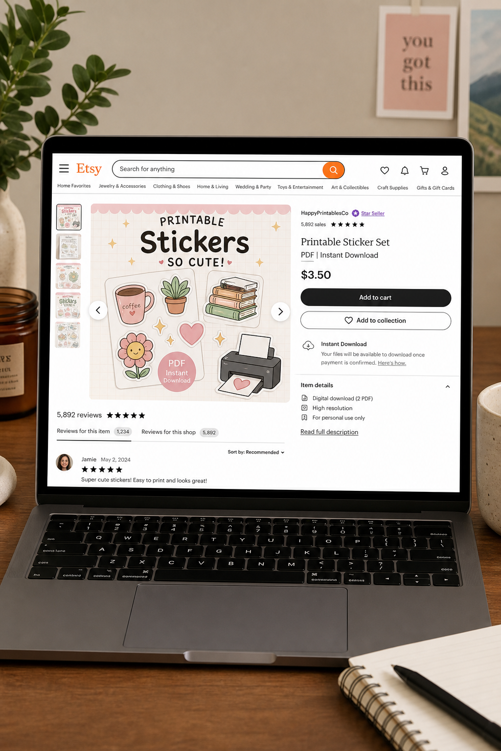 Laptop showing online marketplace listing for printable stickers