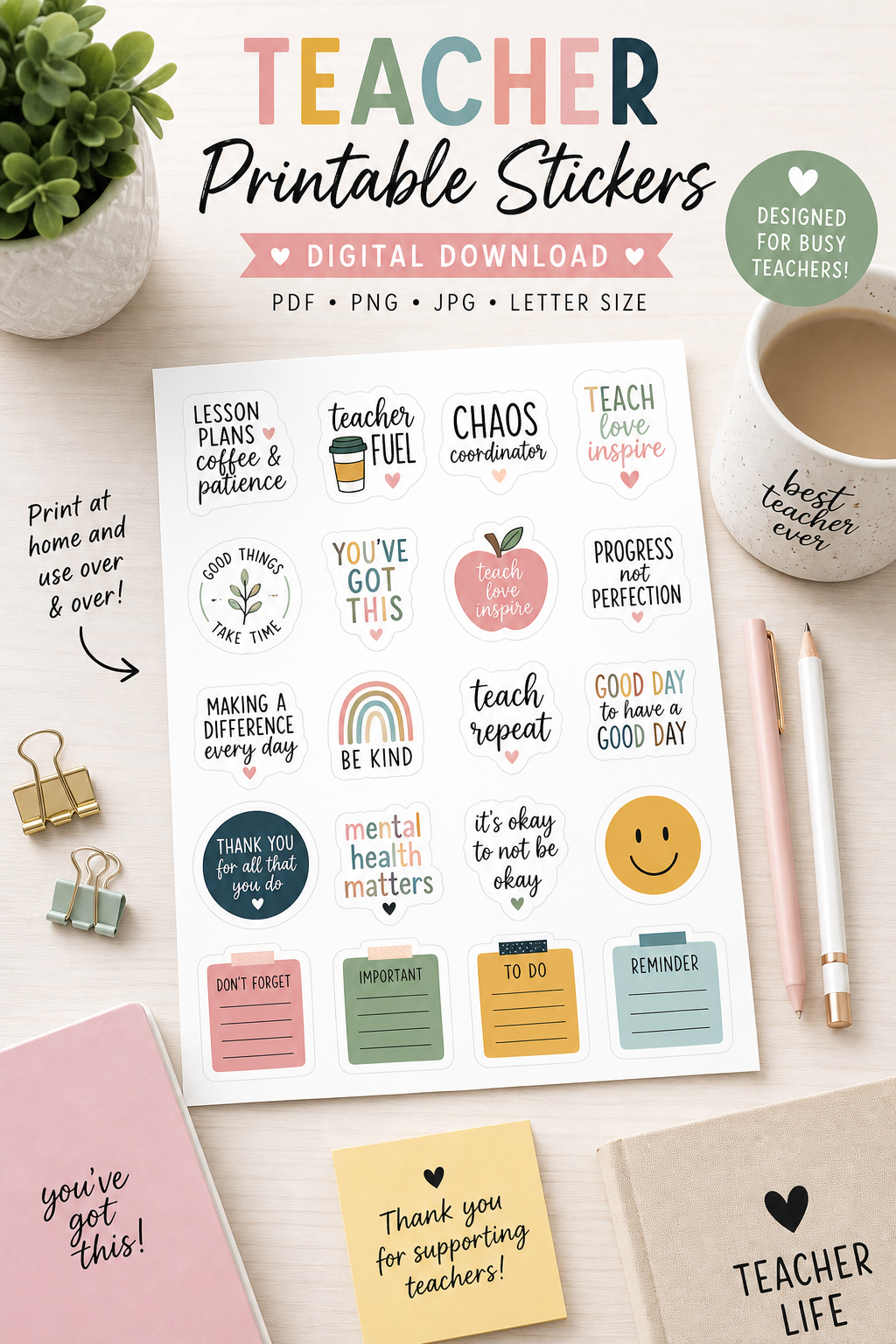 Teacher printable sticker product setup for digital download marketplace